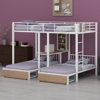 Triple Bunk Bed With Drawers, Multi-Functional Metal Frame Bed With Desks And Shelves In The Middle