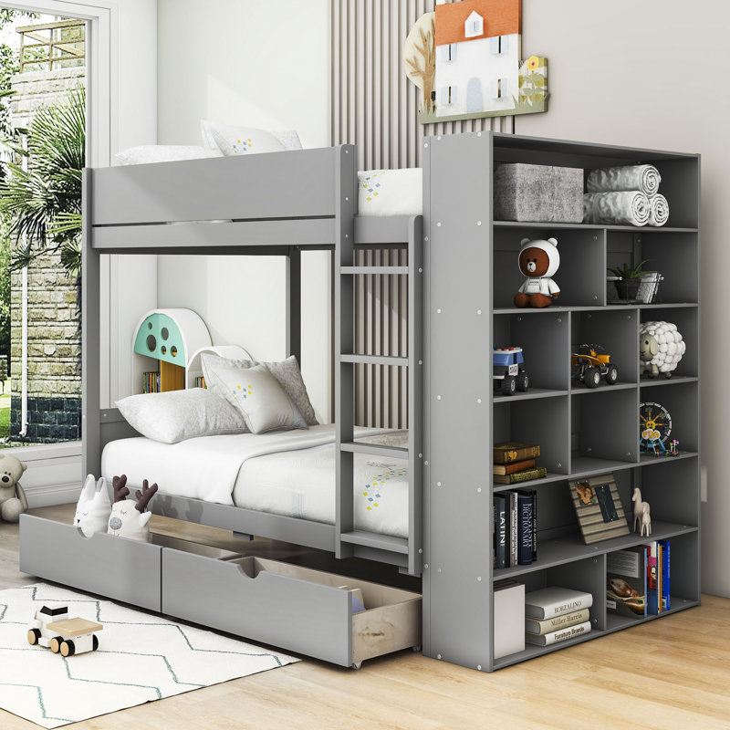 Obryan 2 Drawer Standard Bunk Bed with Shelves by RBParadise, Twin Over Twin, Gray