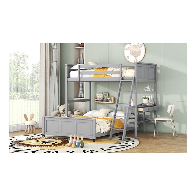 Lit simple superposé au dessus d'un lit double avec bureau, gris