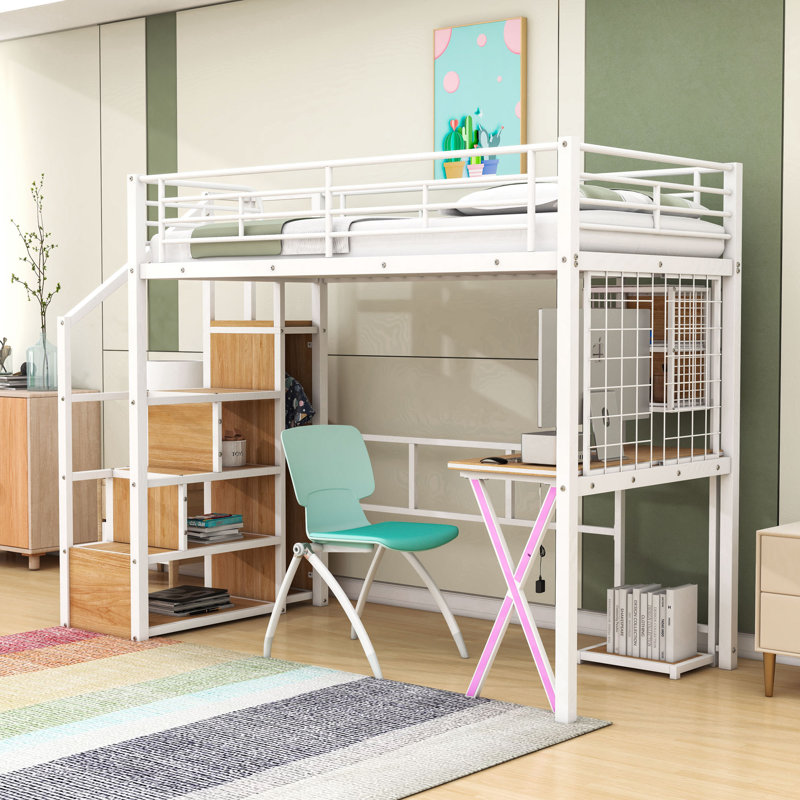 Metal Loft Bed with Integrated LED Light and Desk,Shelves, Twin