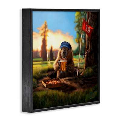 Groundhog with Pizza & Beer Framed Giclee Art, design by Lucia Heffernan
