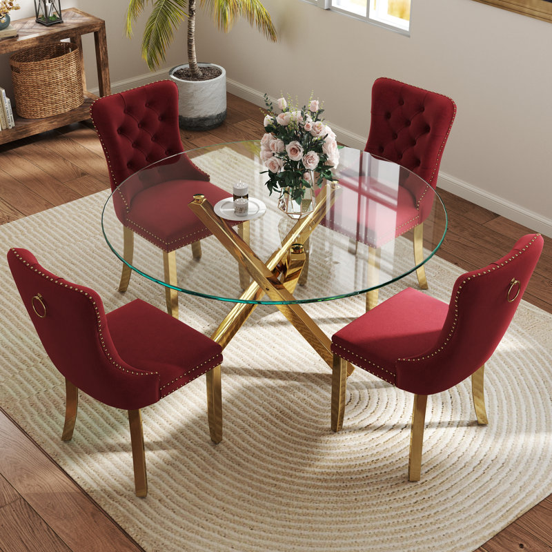 Ensemble de table de salle à manger 5 pièces, H 29,5 po x L 47 po x l 47 po, Bourgogne / Doré, Or