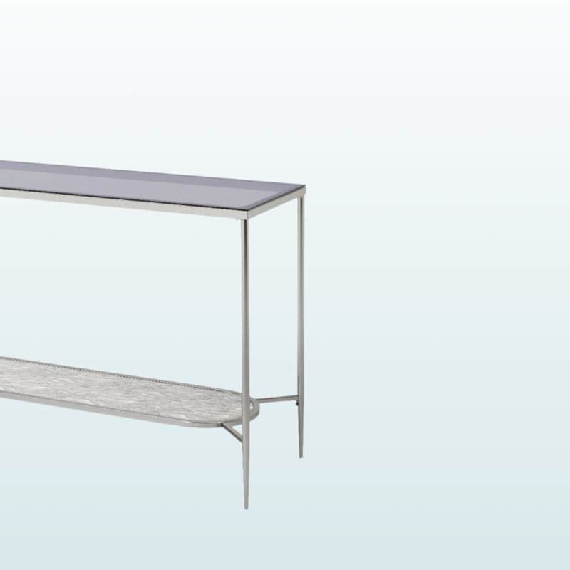 Modern Liora Sofa Table – Tempered Glass Top with Chrome Base & Textured Oval Shelf for Stylish Interiors of Home