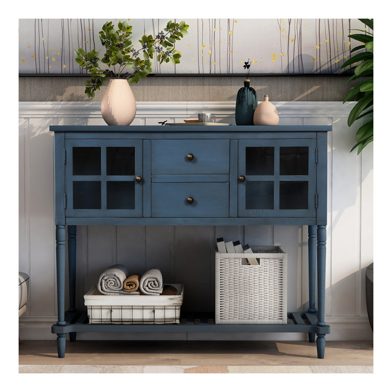 Console avec buffet et tablette inférieure, armoire de rangement en bois / verre de style campagnard (bleu marine antique)