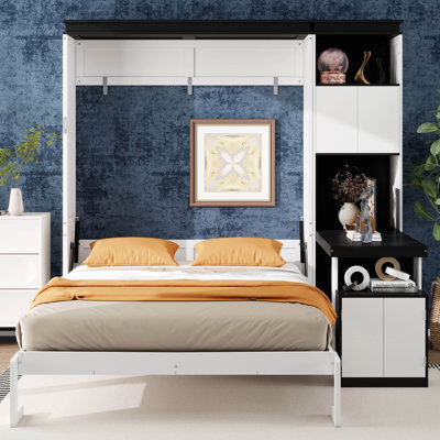 Lit escamotable Queen avec bureau, étagères et placards de rangement, lit mural escamotable vertical en bois massif avec rangements