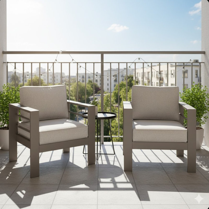 Set Of 2    28" All-Weather Metal Patio Armchairs With Thick Beige Cushions & Khaki Frame, Beige, Khaki