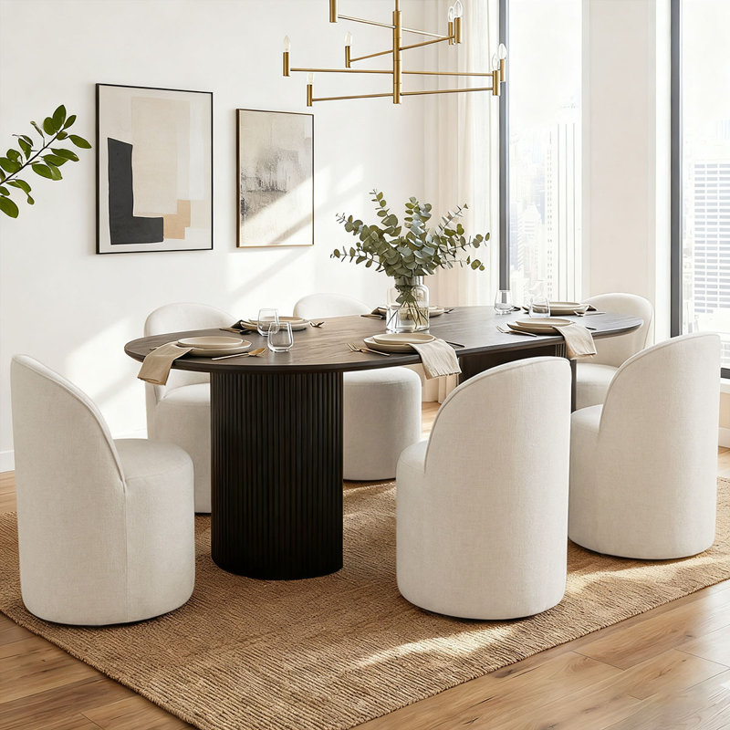 6 - Person Modern Organic Dining Table Sets With 79" Oval Dining Table & 6 Rolling Barrel Chair, Cream, Black