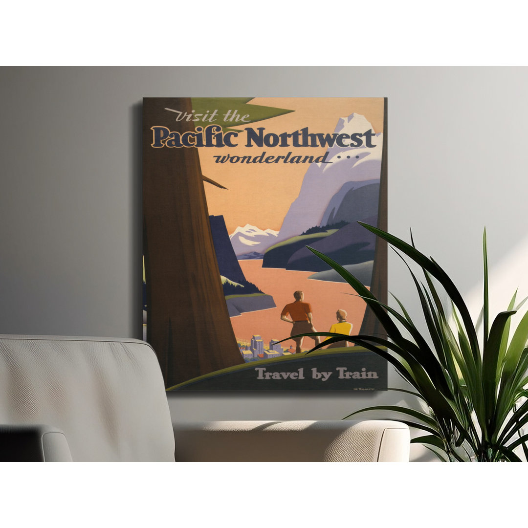 Pacific Northwest Coulombe Print, Vintage Travel Poster, Gallery Wrapped Canvas Wall Art, Ready to Hang, Modern Decor, Train Travel Art