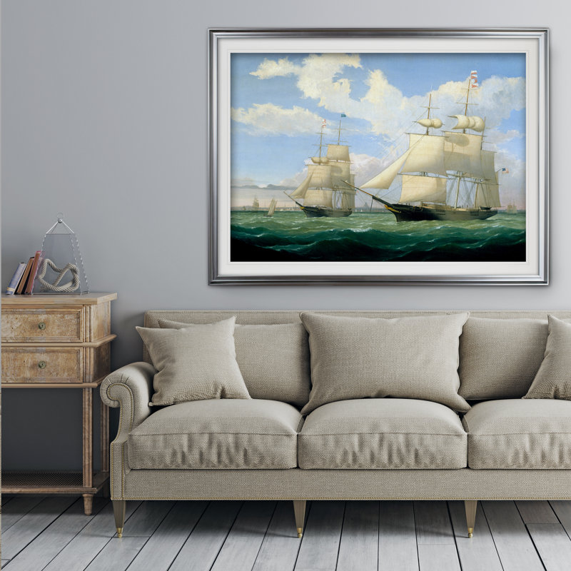 « navires à mer iii », reproduction de dessin, H 18 po x l 27 po x P 1,5 po, Cadre argenté