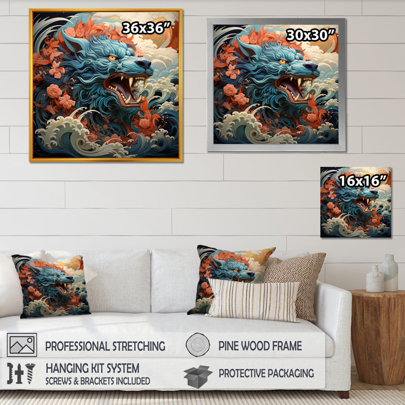 Dragon japonais sur la vague au large de Kanagawa IV - Dragons, art mural, Cadre flottant blanc, H 16 po x l 16 po