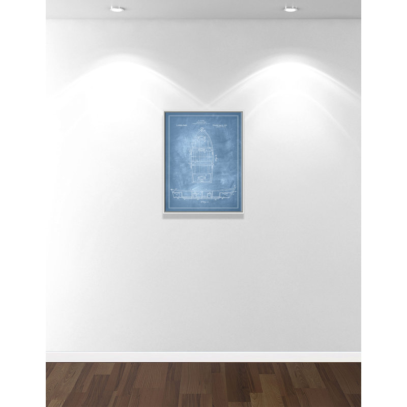 «Boat 1 Blueprint - Blue - Floater Frame», impression sur toile, Cadre blanc, H 28 po x l 22 po x P 2 po