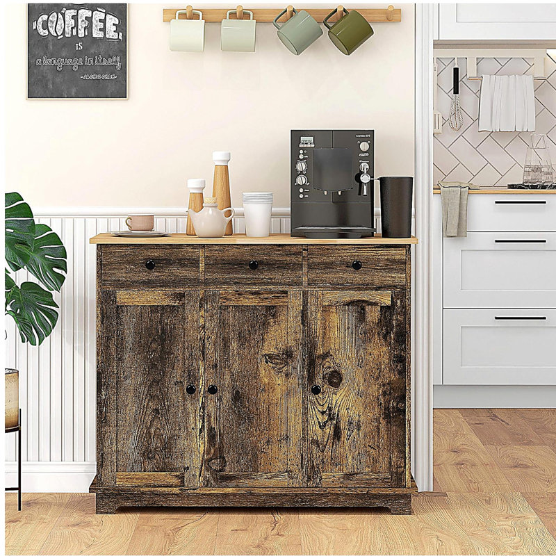 HOMCOM Sideboard with Solid Wood Countertop, Modern Kitchen Storage Cabinet, Coffee Bar Cabinet with 3 Drawers, Doors and Adjustable Shelf, Rustic Brown