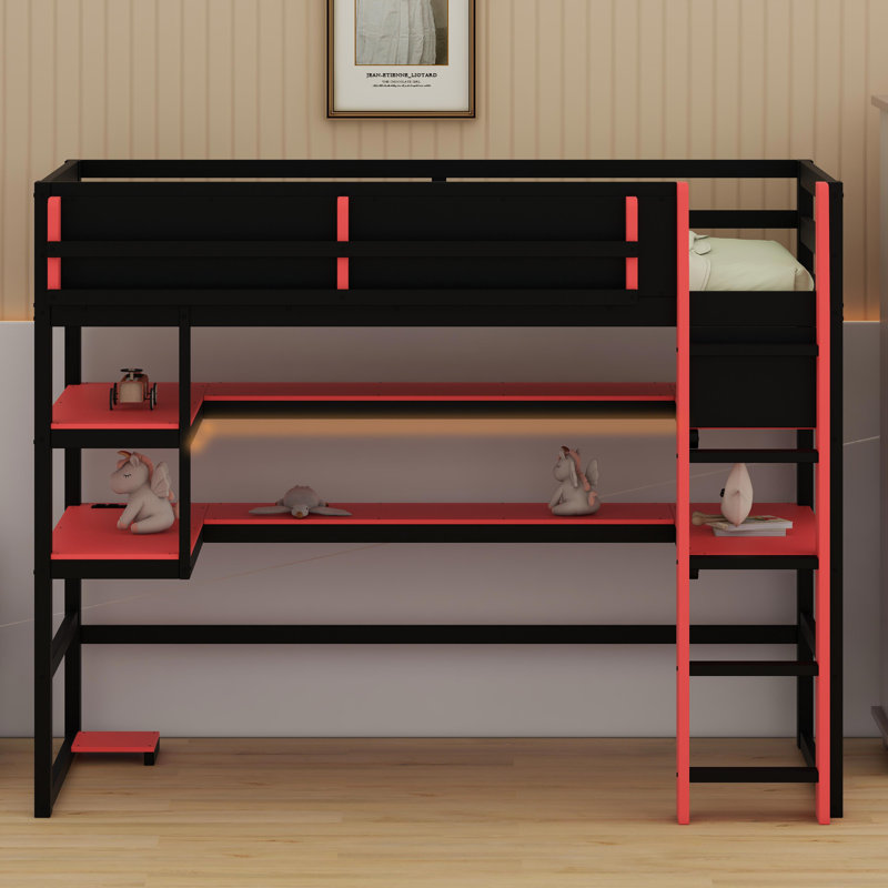 Space-Saving High Sleeper Featuring Built-in Desk, Lateral Storage Unit, Multi-Tier Shelves, and Smart Color-Changing LED System