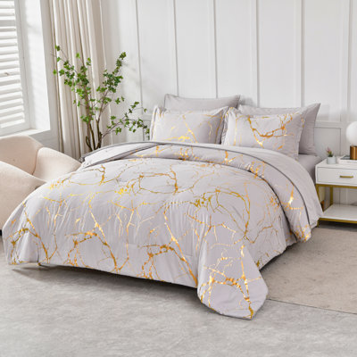 King Size Metallic Marble Comforter Set with Sheets,7-Piece Bed in a Bag Luxe Gold Foil Print Bedding Sets