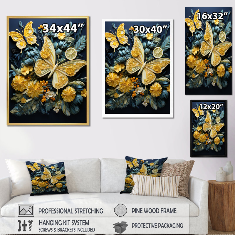 Délice de papillon jaune citron sur toile, Cadre flottant doré, H 40 po x l 30 po x P 1,5 po