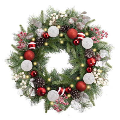 Couronne de Noël Valely Madelyn pour porte d'entrée avec lumières, grande couronne de Noël 24 pouces avec boules de Noël rouges et blanches