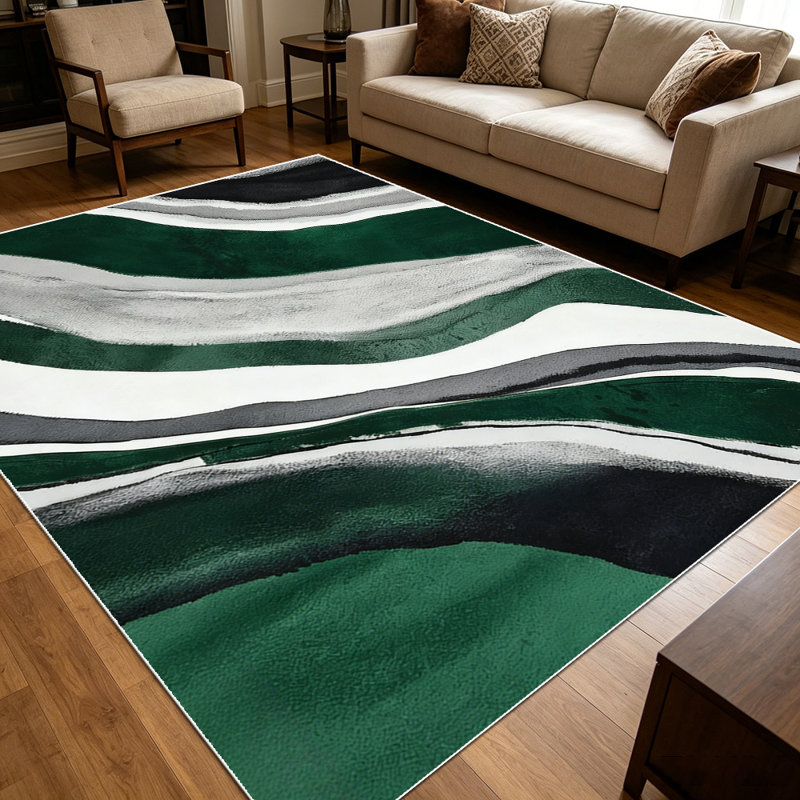 1PC Modern Abstract Flowing Wavy Emerald Green Black Gray White Marble Print area rugs for Living Room, Soft and Comfortable, Suitable for all seasons, easy-to-maintain, machine washable Indoor floor mat, Under Table Farmhouse suitable for dining