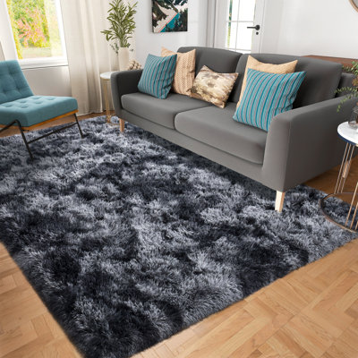 5x7 ft Tie-dyed Black Grey Shag Rugs for Living Room, Soft Non-Slip Fluffy Shagg Plush Bedroom Carpet, Large Area Rug for Nursery Kids Dorm Home Decor