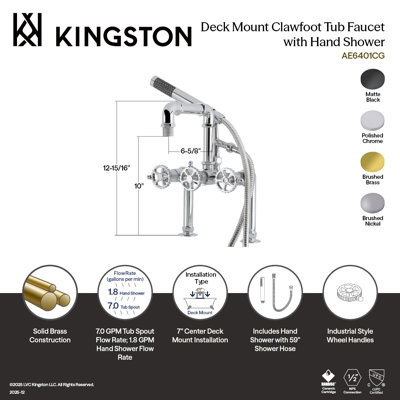 Robinet de baignoire sur pattes à 3 poignées et 2 poignées à fixation sur le comptoir avec douche à main Kingston Brass