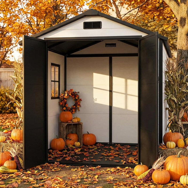 Resin Outdoor Storage Sheds 6x4 ft, Upgraded Double-Wall Outdoor Plastic Shed with Window & Double Doors, Waterproof Lockable Garden Shed for Patio Furniture, Lawn Mower, Bike, and Tool Storage