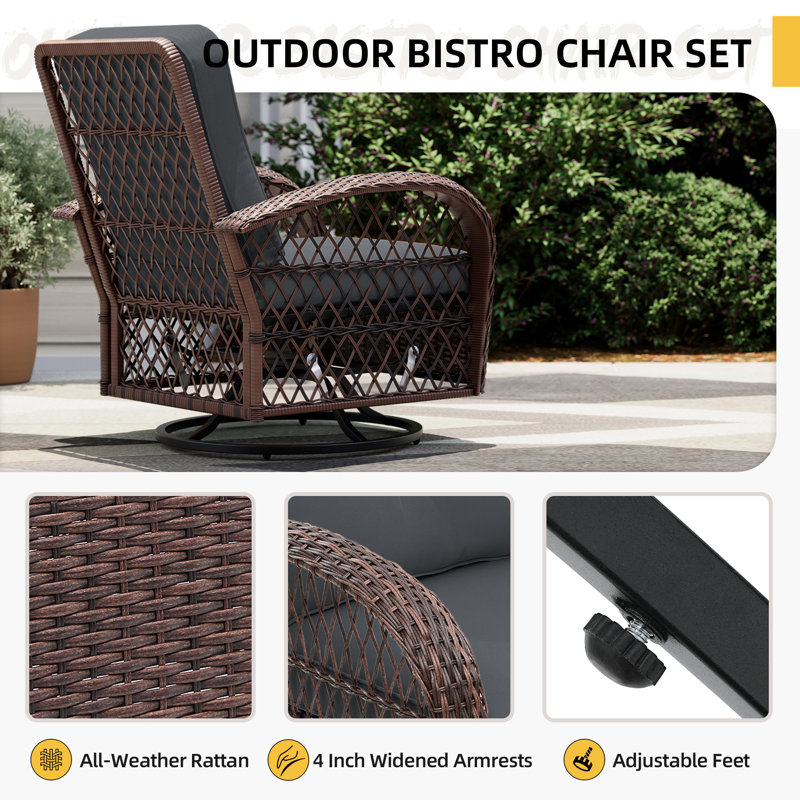 Ensemble de chaises berçantes et pivotantes en osier pour l'extérieur 4 pièces avec coussins, Dgray