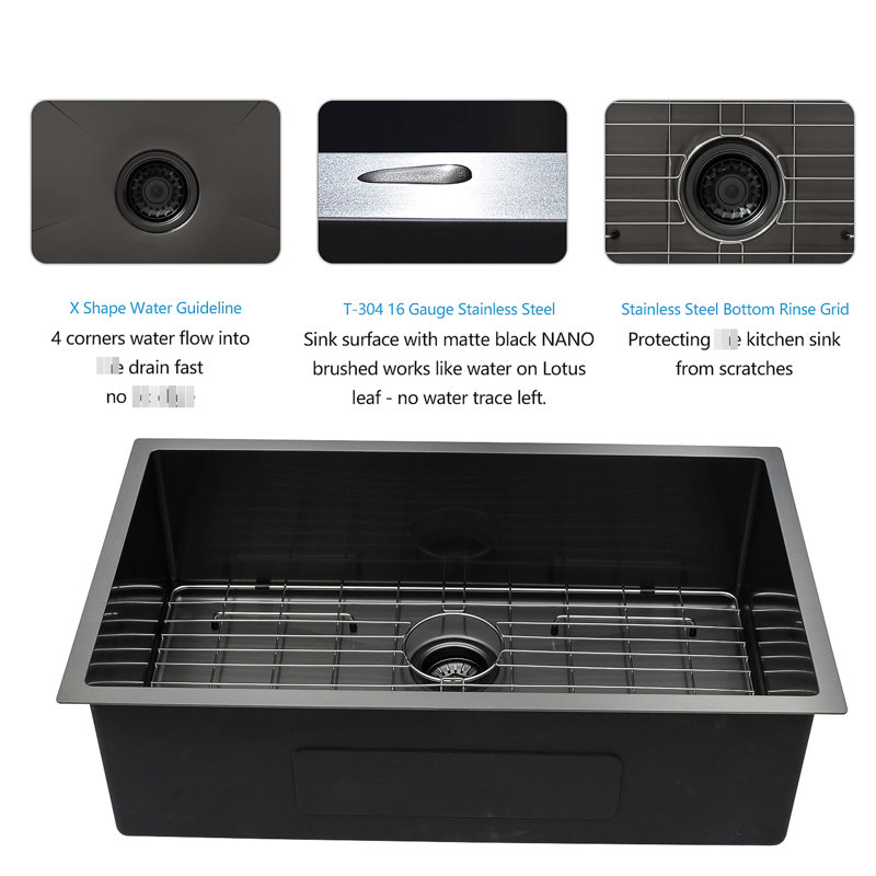 28 Inch Undermount Kitchen Sink 10 Deep Gunmetal Black 16 Gauge Stainless, Hand - Crafted, Soundproof, Condensation, Bottom Rinse And Rack Single Bowl, Made, Condensation