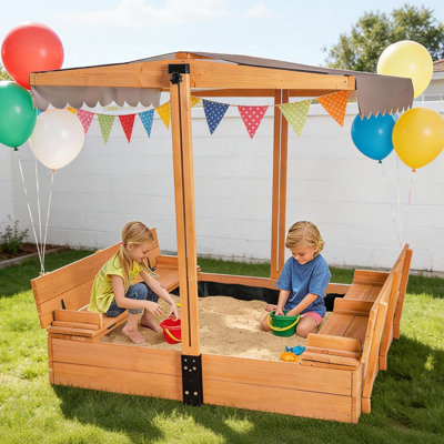 47.2"x47.2" Large Kids Sandbox With Cover For Backyard Patio, Wooden Outdoor Sand Box With Lids & Foldable Beench Seats