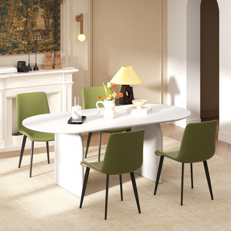 70in Oval Dining Table Sets  With PU Leather Chairs, White/Beige, 5 Pieces: Table, 4 Chairs