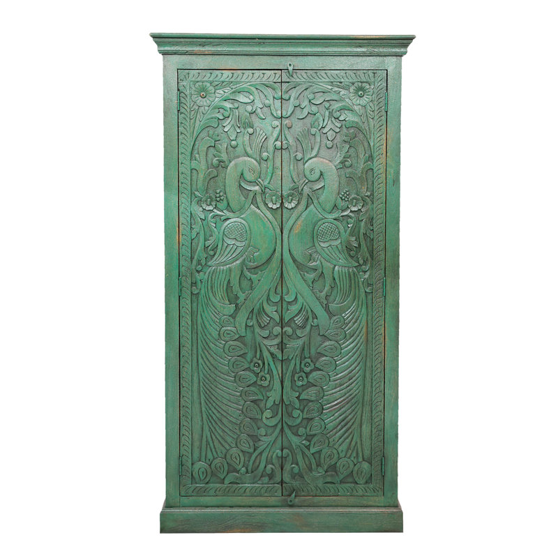 Cameren White Antique Solid Wood Hand Carved 2 Door Peacock Cabinet, Green