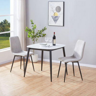 Aspen Sintered Stone Square Table with 2 Straight Stitch Upholstered Fabric Chairs - Modern Dining Set