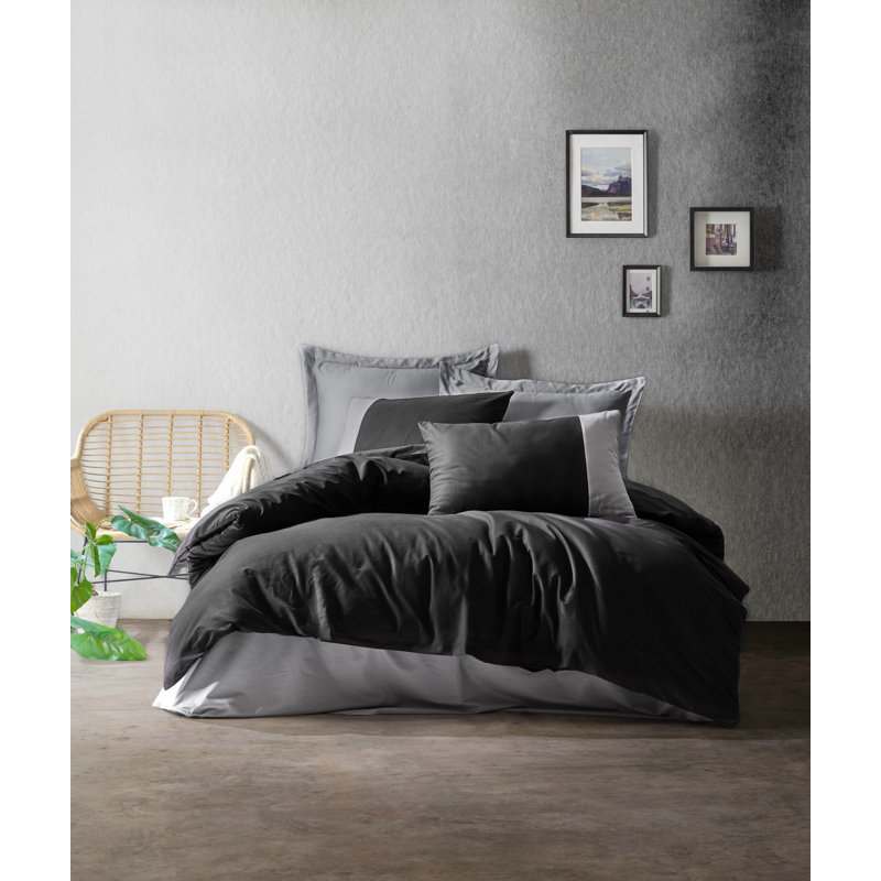 Ensemble de housse de courtepointe 100% coton Ranforce, noir et gris | Housse de couette 78,7 x 78,7, 2 taies d'oreiller 31,5 x 31,5 | Impression réactive, lavable à la machine, fermeture à boutons | Literie douce, durable et élégante pour les chambres à coucher modernes