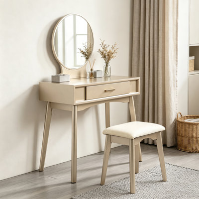 Contemporary Wood Vanity and Stool Set, Round Mirror with Tapered Legs, Solid Rubberwood Frame & MDF Body