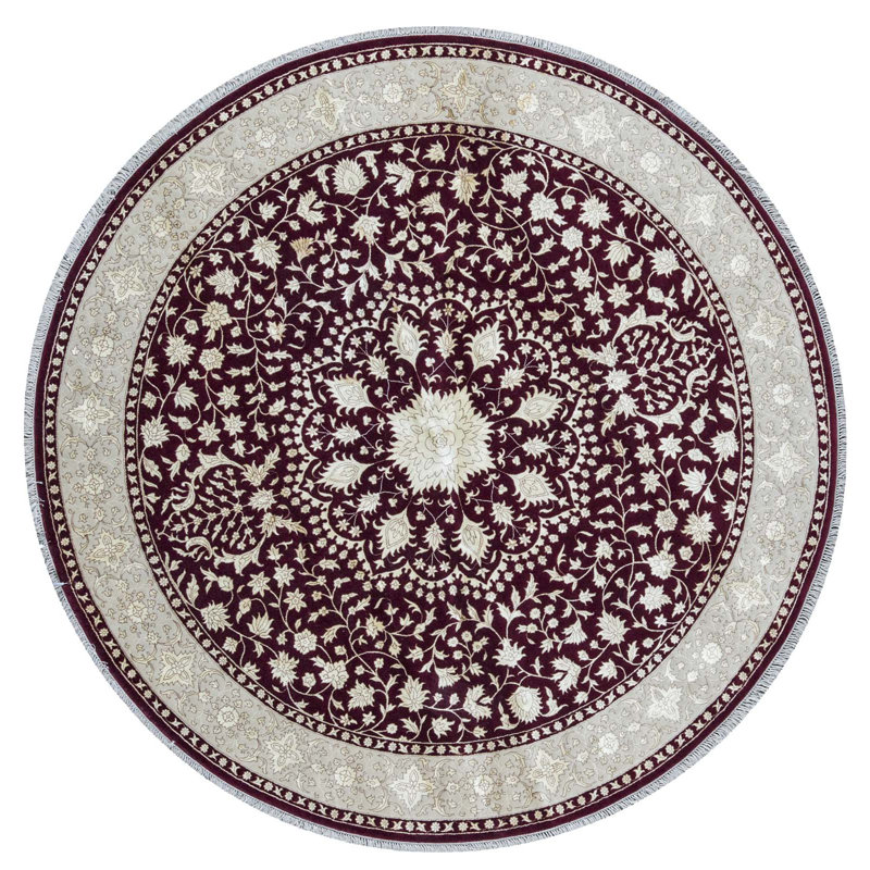 Tapis rond rouge et or de haute qualité noué à la main