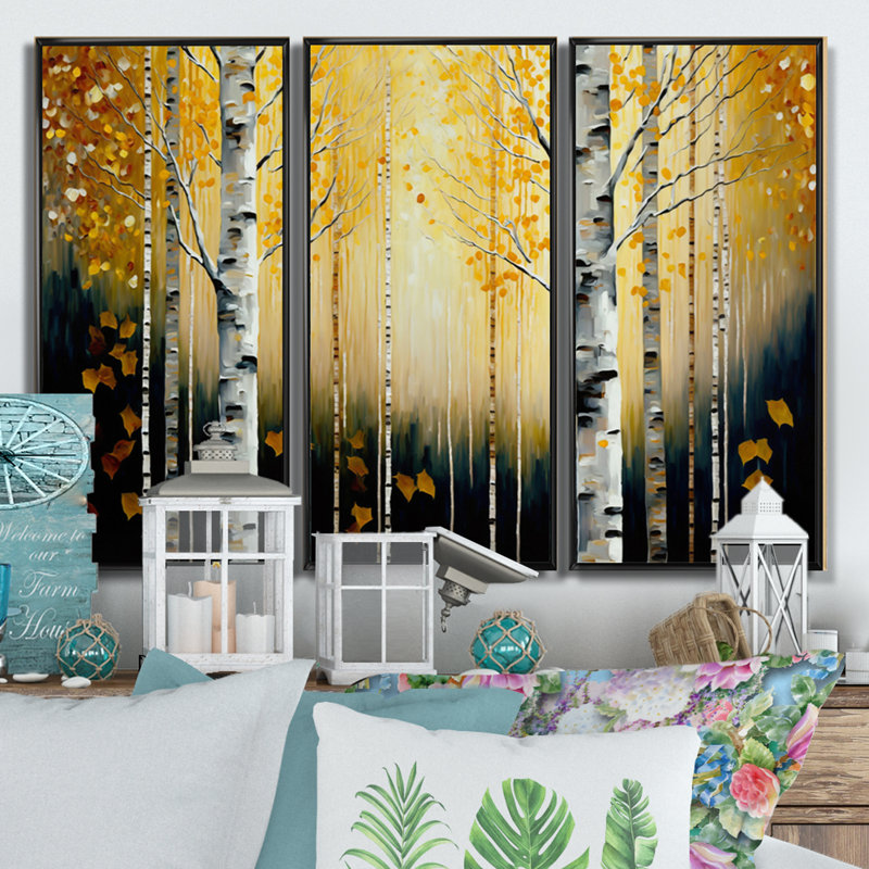 Golden Birch Trees Forest I - ensemble d'art mural sur toile paysage, H 28 po x l 36 po x P 1 po, Cadre noir