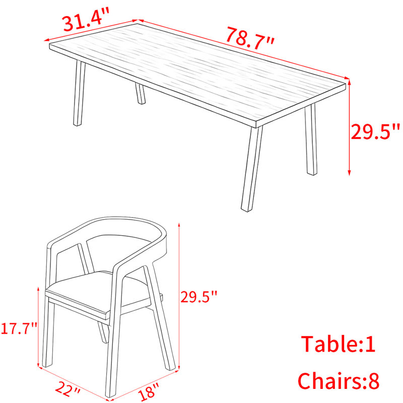 Ensemble de table de salle à manger en bois massif de style nordique, H 29,5 po x L 78,7 po x l 31,4 po