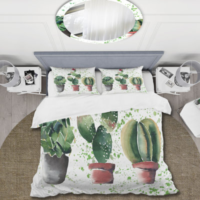 Three Cacti In Clay Pots - Ensemble de housse de couette traditionnel - Microfibre de polyester