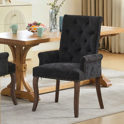 Upholstered Dining Chair with Tufted Back and Curved Solid Wood Legs, Chenille Fabric Accent Armchair for Dining Room and Kitchen,Single Pack(Black)