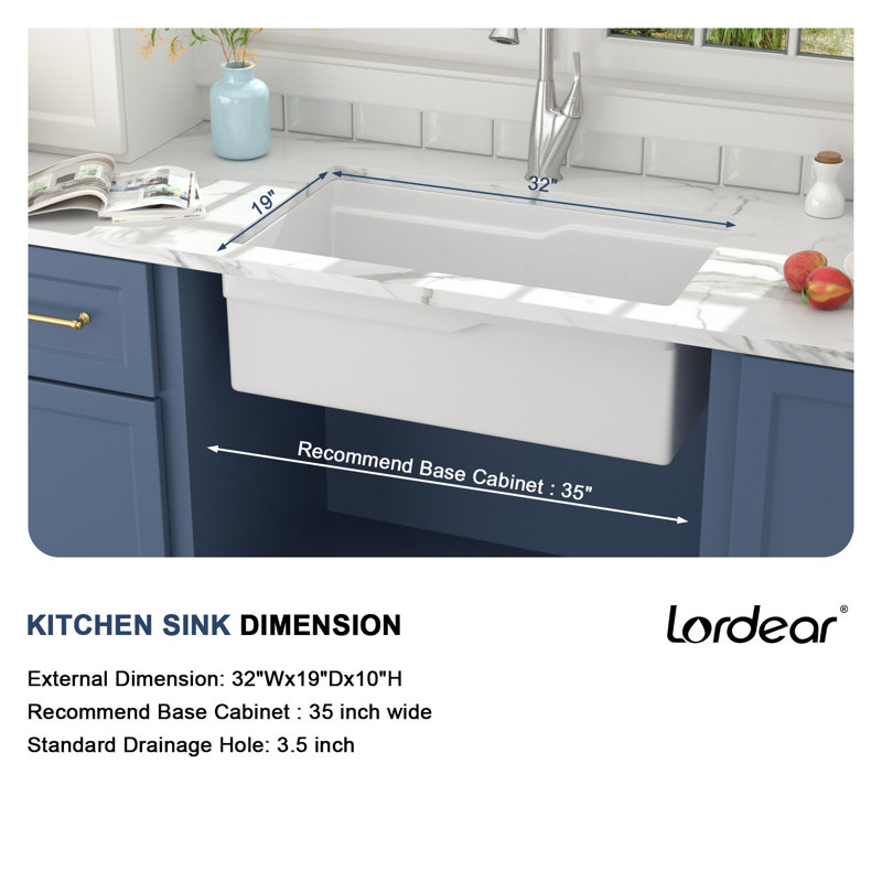 32" L x 19" W Undermount White Ceramic Workstation Kitchen Sink Drop in & Undermount White Fireclay Kitchen Sink Single Bowl Sink
