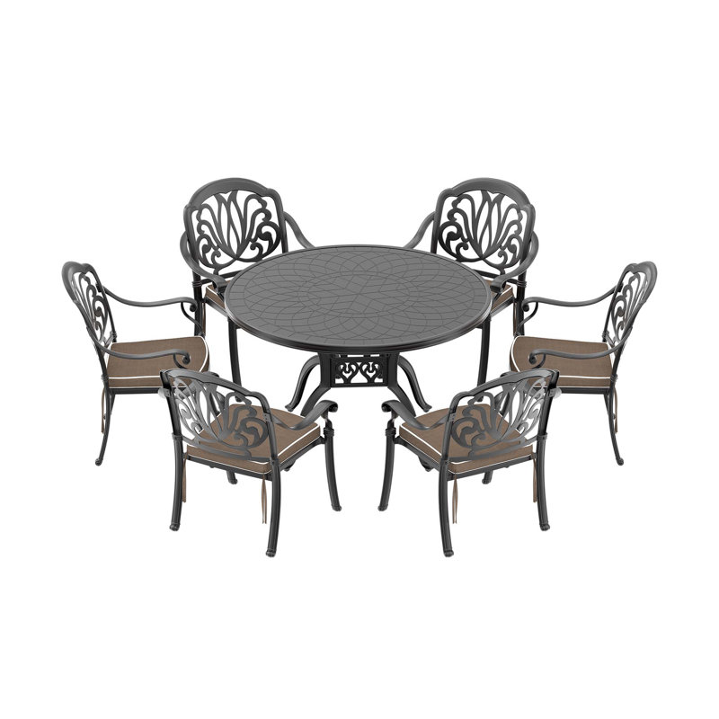 7-Piece Set Of Cast Aluminum Patio Furniture With Brown Cushions (Same As:W1710S00484), 6, 28.35" H x 81.89" W x 41.34" D