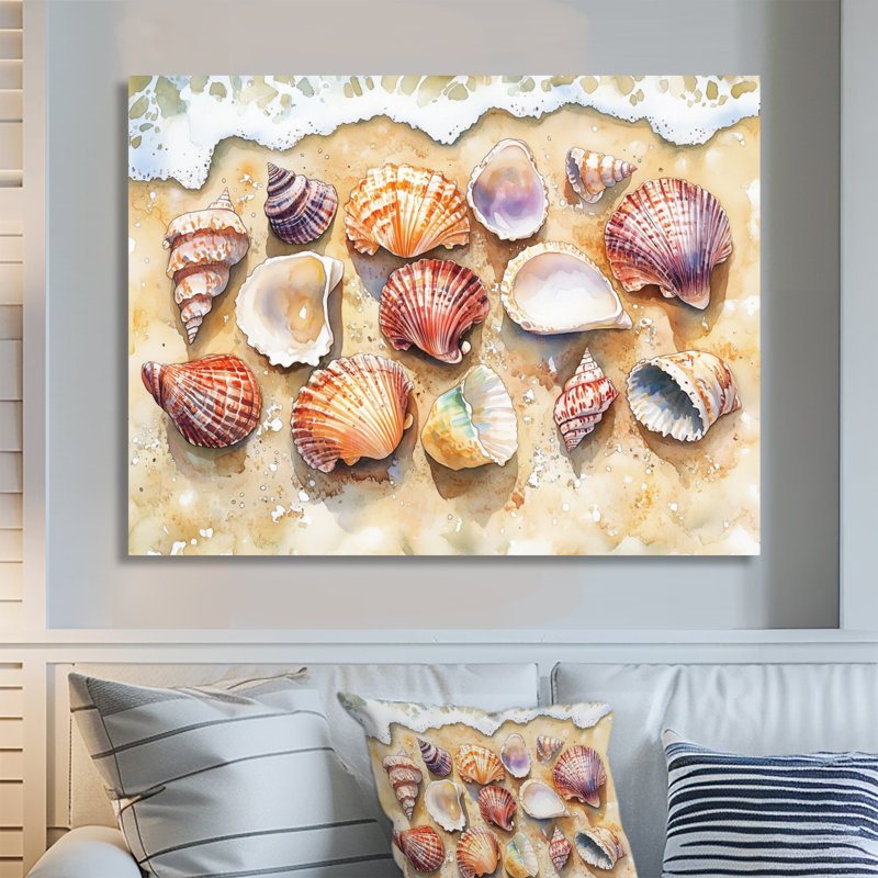 Art mural coquillage, toile de plage, coquillages sur la plage de sable, H 16 po x l 32 po, Toile tendue
