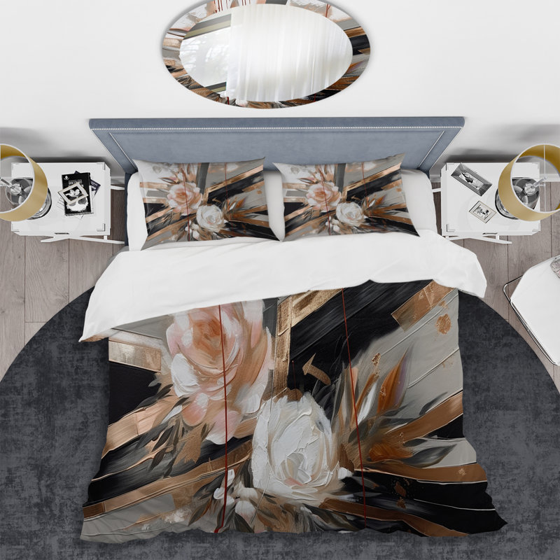 Ensemble de housse de couette en microfibre / polyester Rose Gold Linear Floral Elegance III