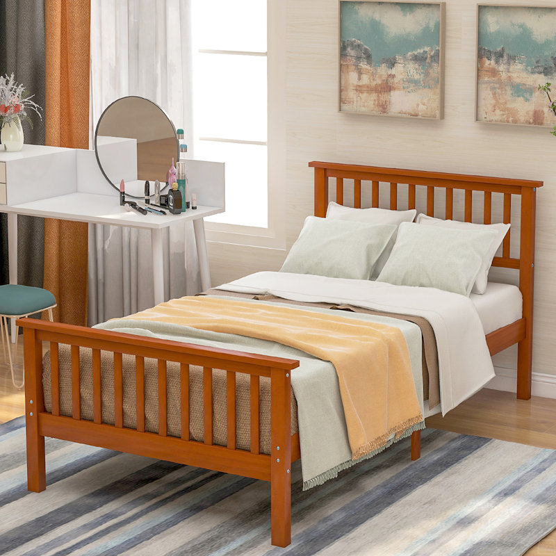 Lit plateforme en bois avec tête et pied de lit, Brun