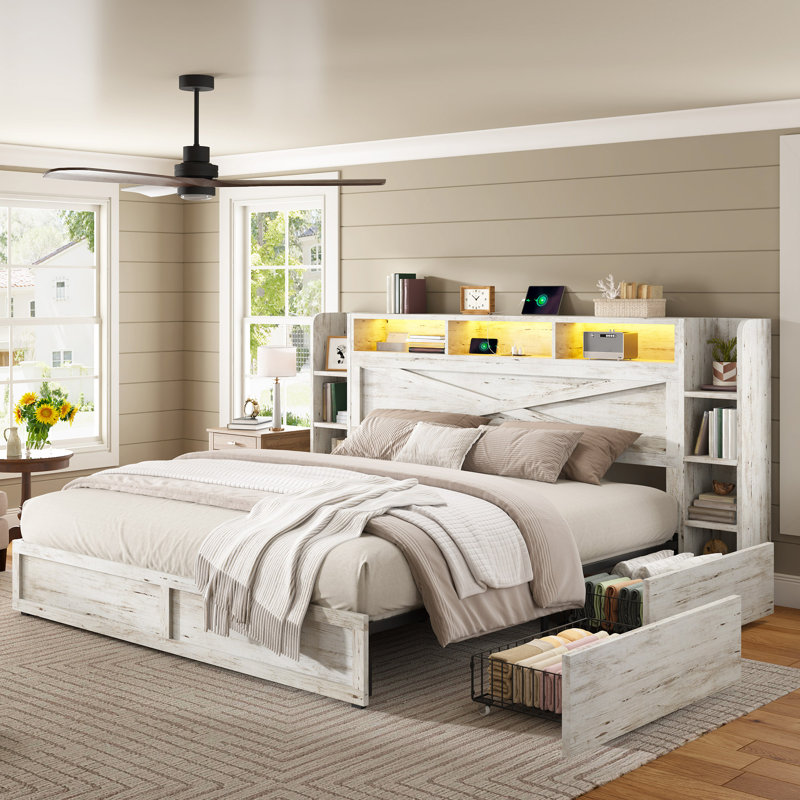 Base de lit Coey Farmhouse avec tête de lit bibliothèque, 4 tiroirs et lampe réglable, 2 supports amovibles, Grand, Blanc
