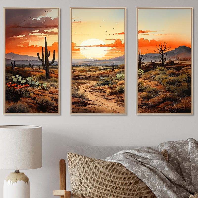 Silhouette orange, cactus lever de soleil - art mural floral cactus, H 40 po x l 60 po, Cadre flottant érable