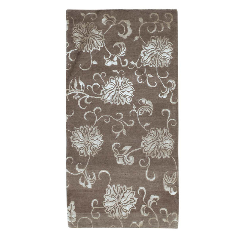 Tapis gris / ivoire en laine noué à la main de conception unique 3 pi x 4 pi 11 po