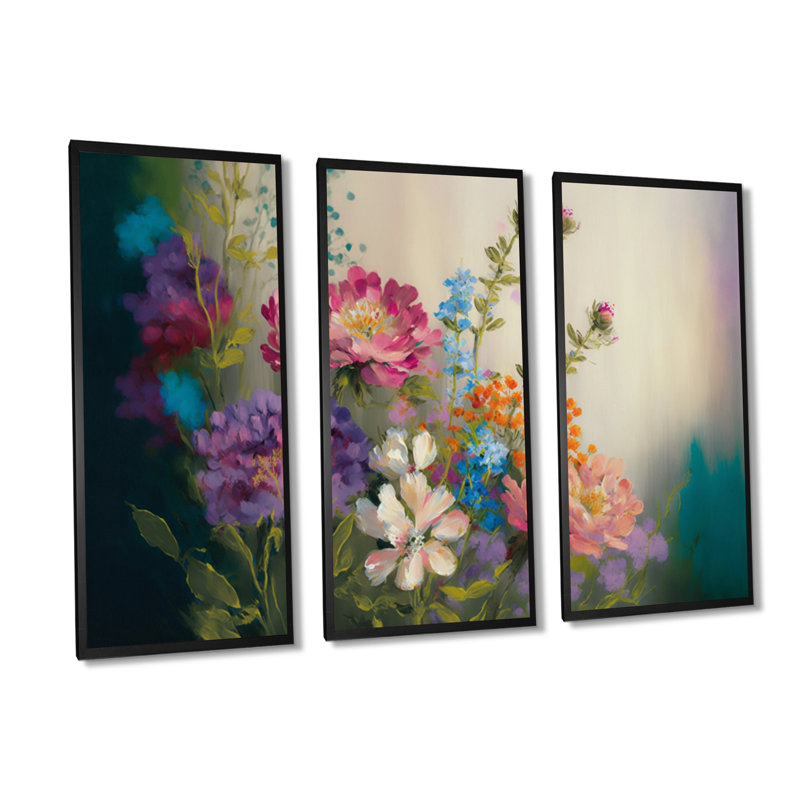 «Painted Blossoming Wildflowers III», 3 impressions sur toile tendue, H 28 po x l 36 po x P 1 po, Noir