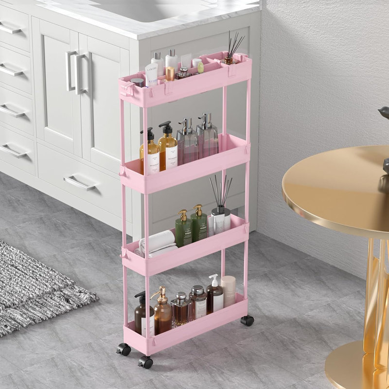 Chariot de rangement mince et roulant, unité de rangement mobile à 4 niveaux, Or rose, H 38,7 po x l 15,3 po x P 4,9 po