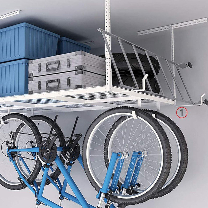 Durable Garage Storage Rack with Hooks Adjustable Ceiling Storage Racks, Overhead Shelf, 96" Length x 48" Width x 40" Height, White