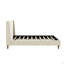Lit plateforme tapissier moderne en velours beige avec tête de lit à oreilles et pieds en bois de noyer, sans sommier tapissier, grand