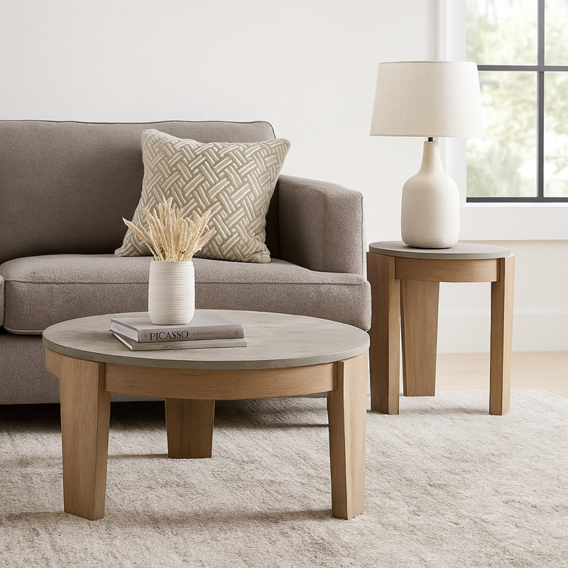 Ensemble de 3 tables basses et de bout Hena, faux ciment gris rond, bois brun